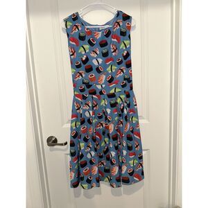 L.A. Soul Blue Sushi Print Sleeveless Pleated Flare Midi Dress Size 3XL